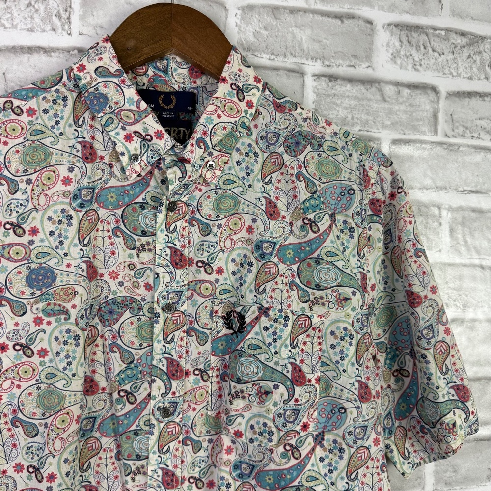 Fred Perry x Liberty Dull Colorful Paisley Designer Button Up Shirt Mens 40 MED